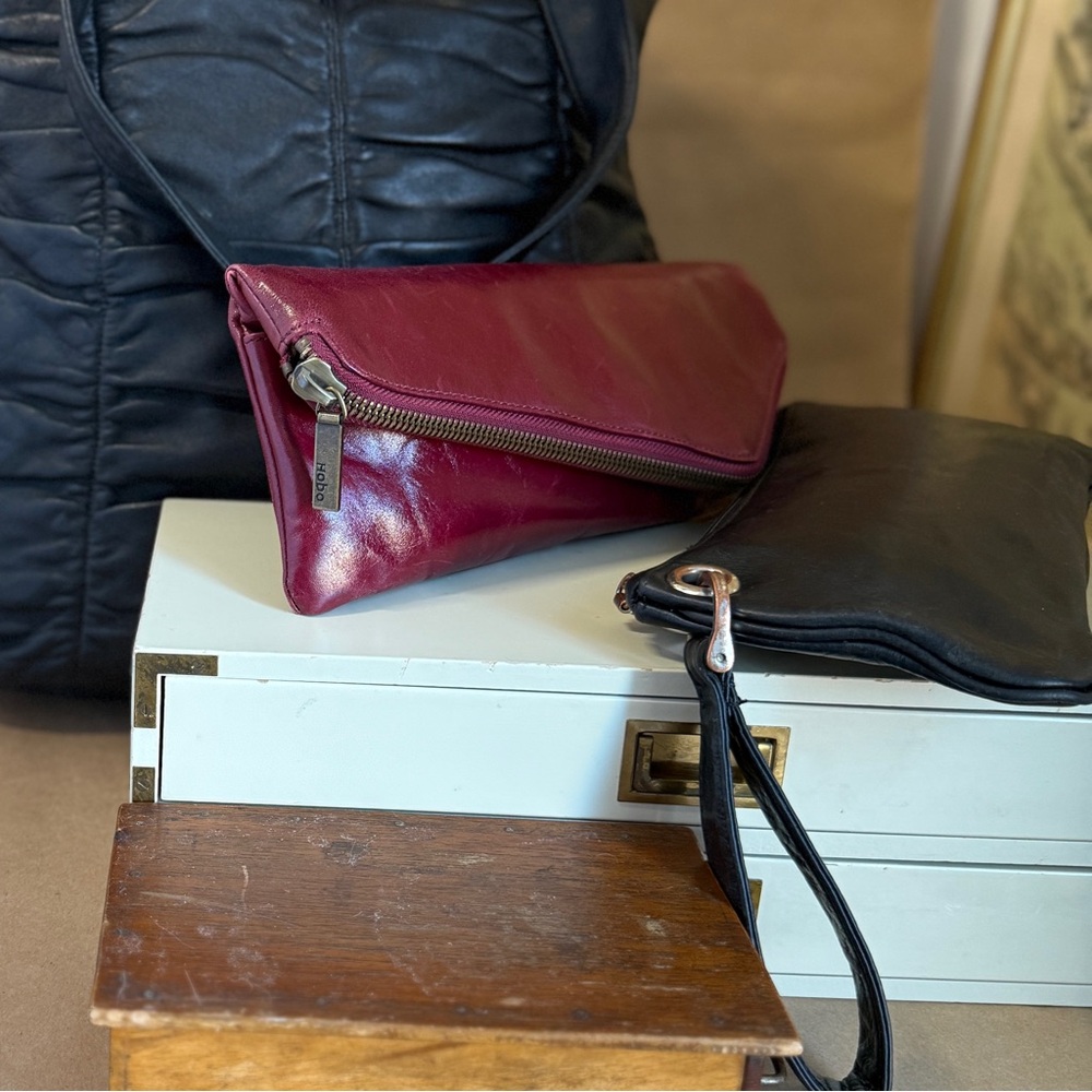 3 HOBO International Bags | Black Shoulder Bag | Black Wristlet | Oxblood Clutch